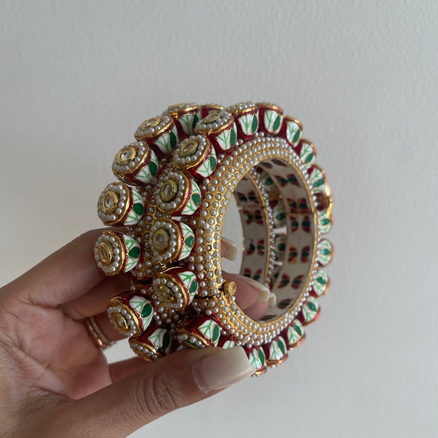 Mint & Red Screwable Pachi Kundan Bangles x2