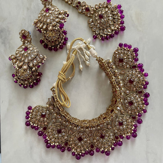 Olivia Bridal Polki Necklace Set in Purple