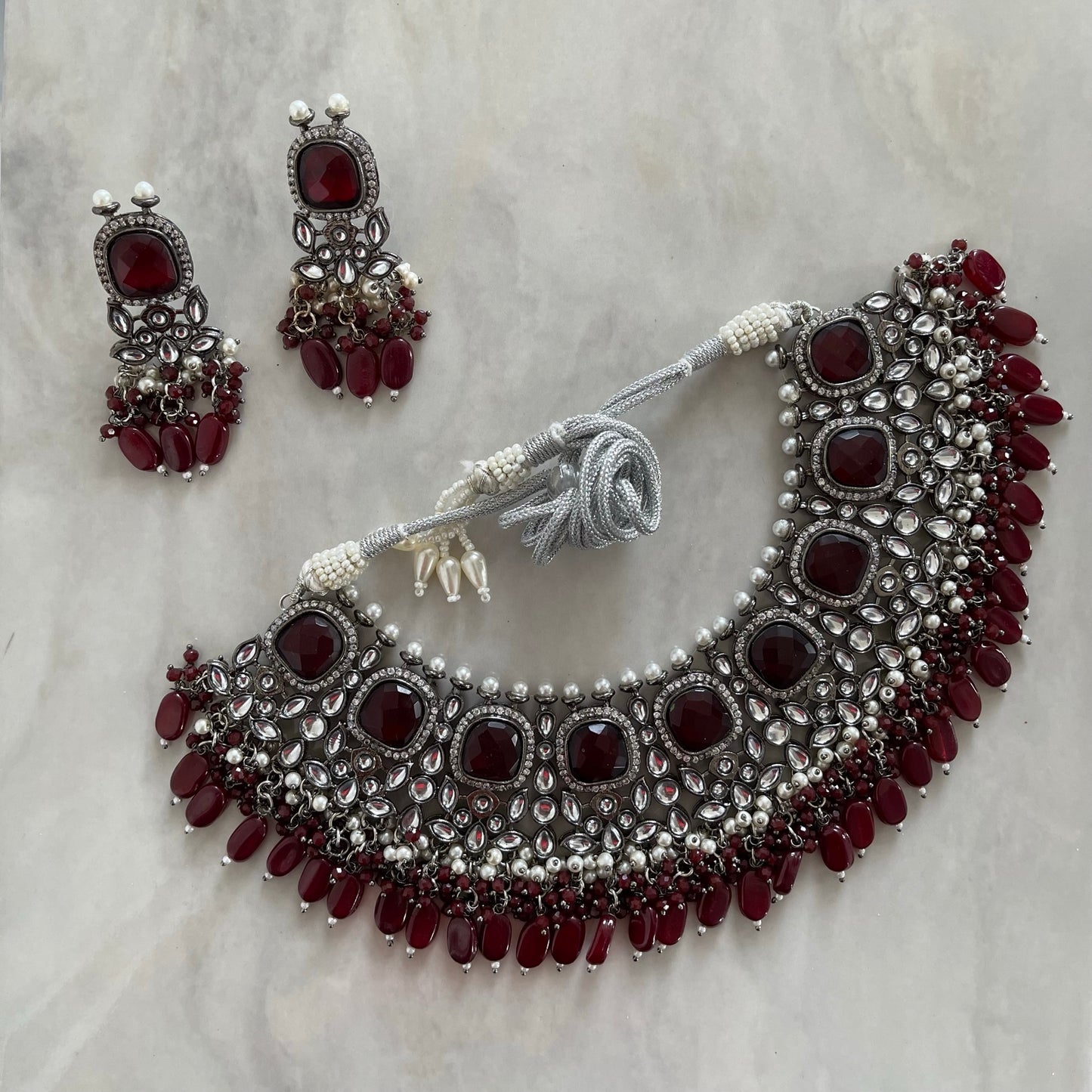 Night Sky Kundan Necklace Set in Maroon