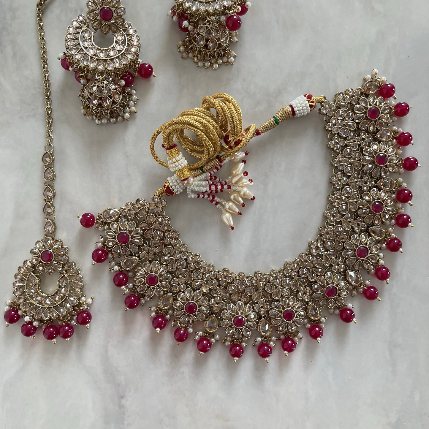 Rosewood Polki Necklace Set in Red