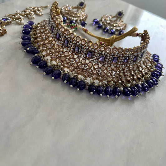 Rhea Bridal Polki Necklace Set in Purple