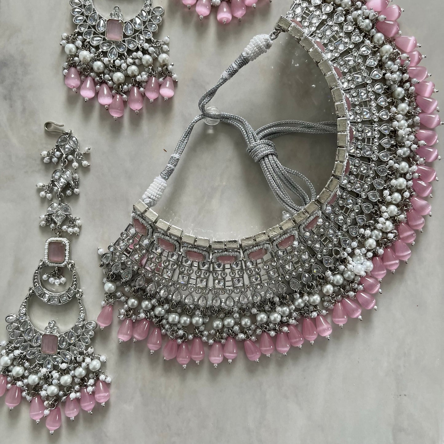 Ophelia Bridal Polki Necklace Set in Silver & Pink