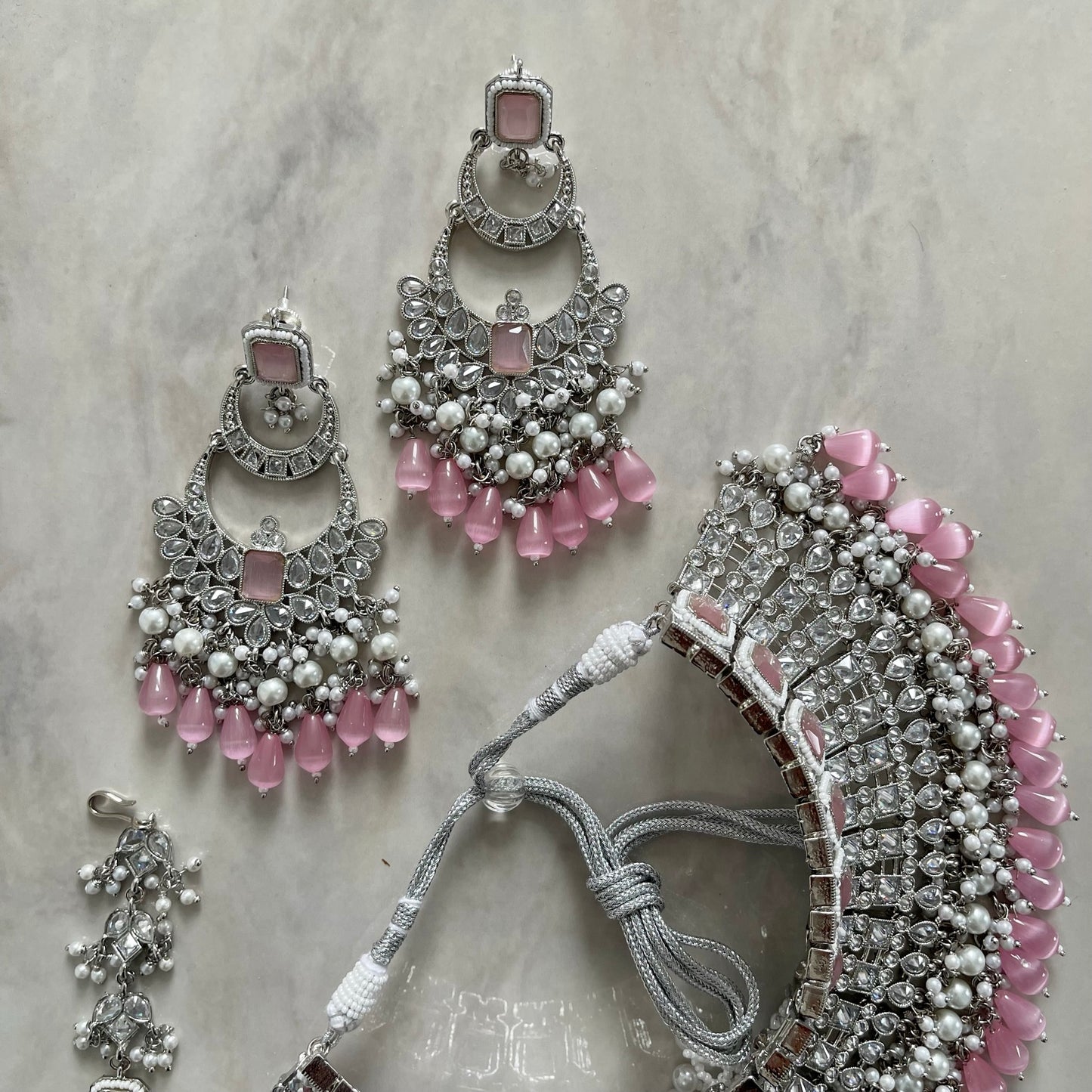Ophelia Bridal Polki Necklace Set in Silver & Pink