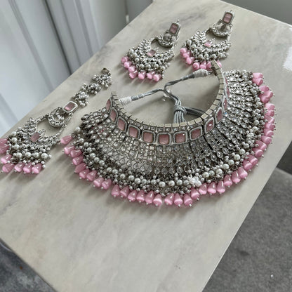 Ophelia Bridal Polki Necklace Set in Silver & Pink