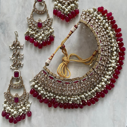 Ophelia Bridal Polki Necklace Set in Red