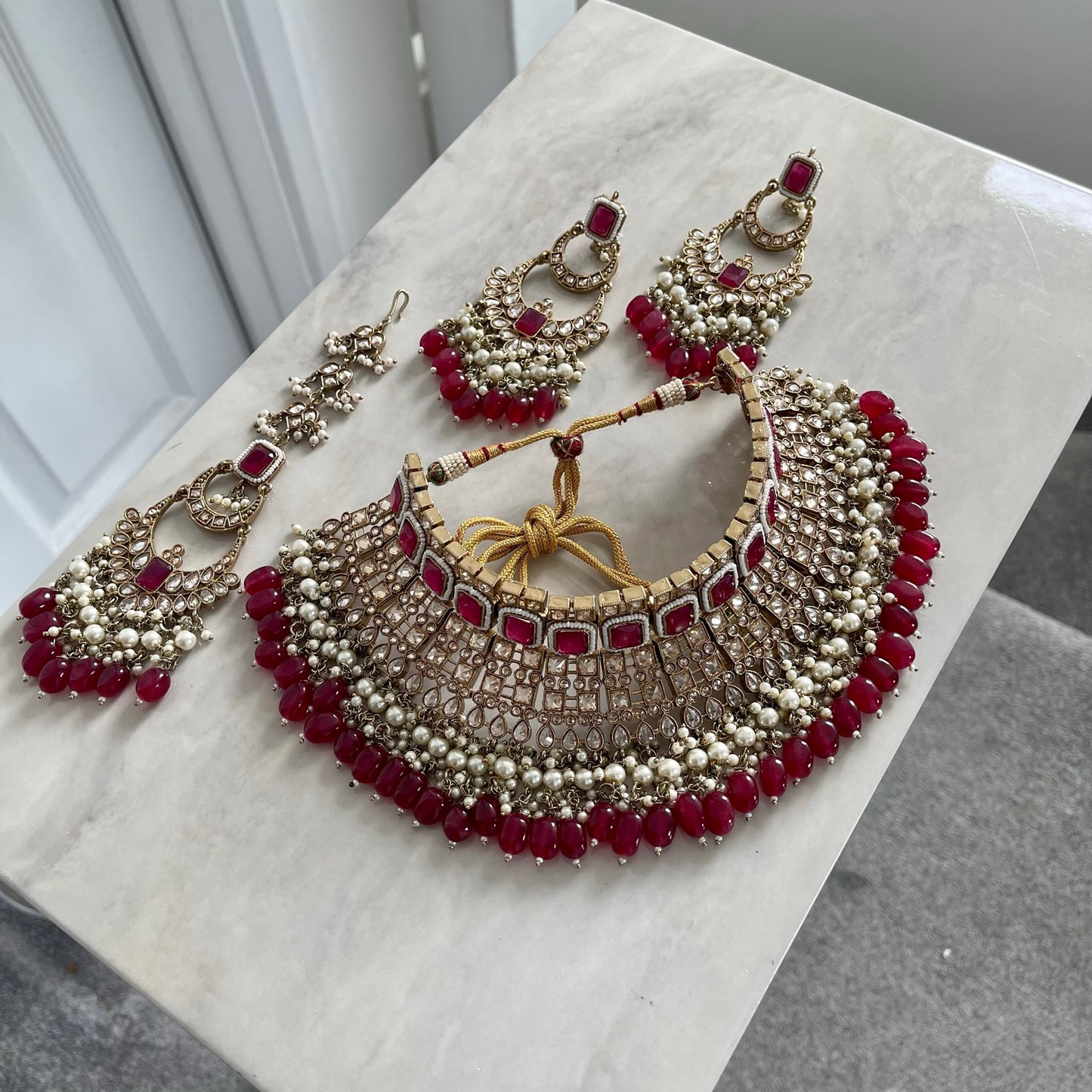 Ophelia Bridal Polki Necklace Set in Red