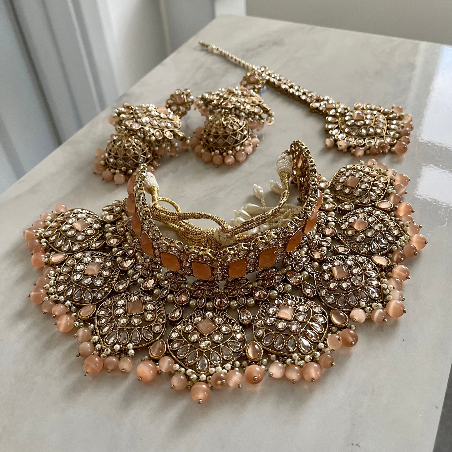 Olivia Bridal Polki Necklace Set in Peach