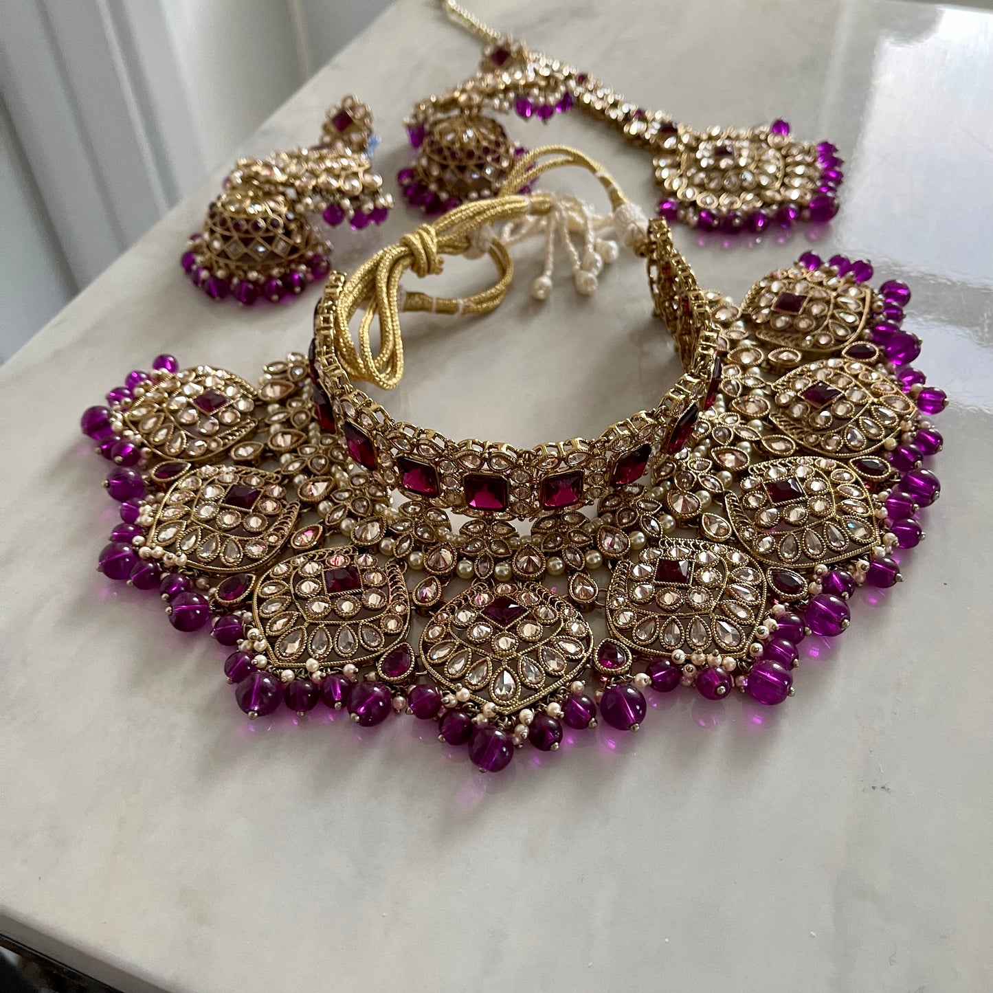 Olivia Bridal Polki Necklace Set in Purple