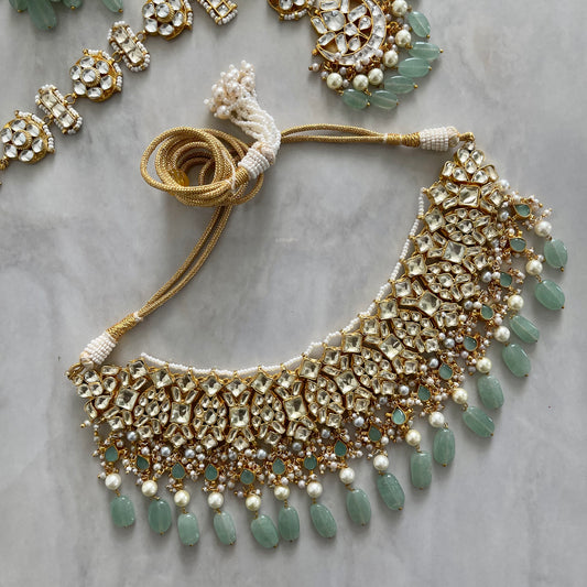 Mykonos Mint Pachi Kundan Bridal Set with Headband & Jhumkas