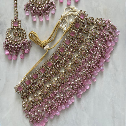 Paris Bridal Choker Polki Necklace Set in Pink