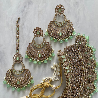 Vienna Bridal Polki Necklace Set in Mint