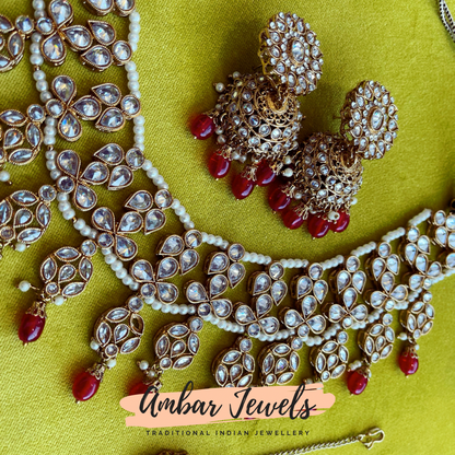 Red Velvet Polki Necklace Set with Jhumkas