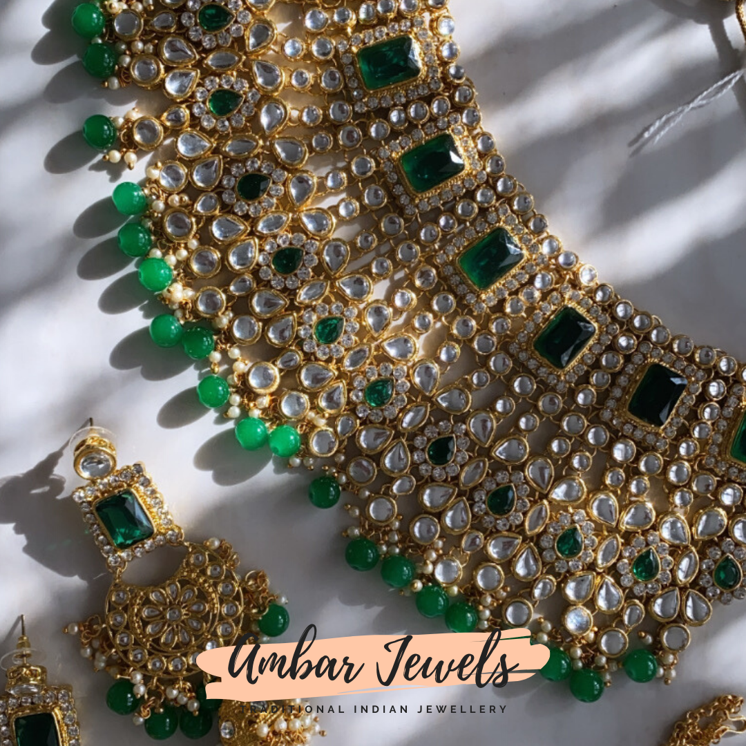 Buy Bottle Green Kundan And Beads Studded Choker Necklace Set Online From  Wholesale Salwar.
