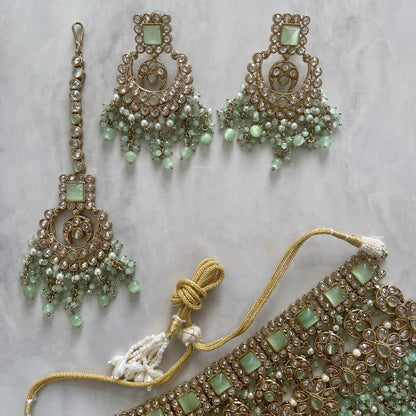 Paris Bridal Choker Polki Necklace Set in Mint