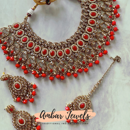 Khloe Red Polki Bridal Necklace Set