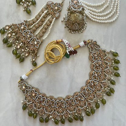 Bombshell Polki Necklace Set with Jhumar/Passa - Sage