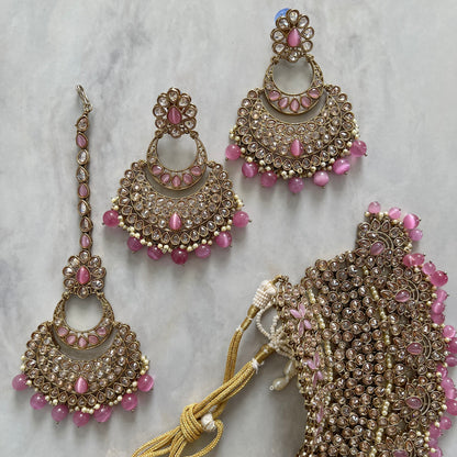 Vienna Bridal Polki Necklace Set in Pink