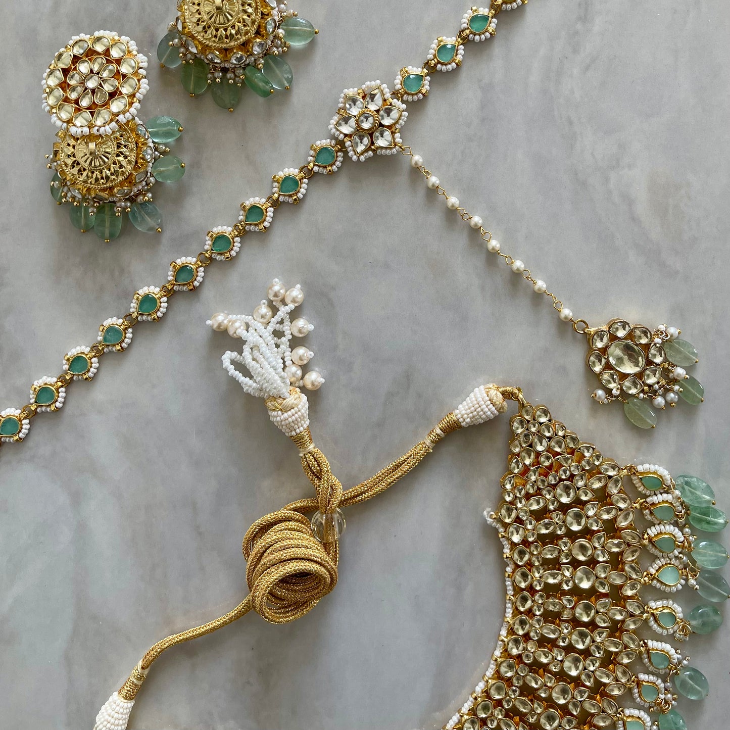 Santorini Mint Pachi Kundan Bridal Set with Headband & Jhumkas