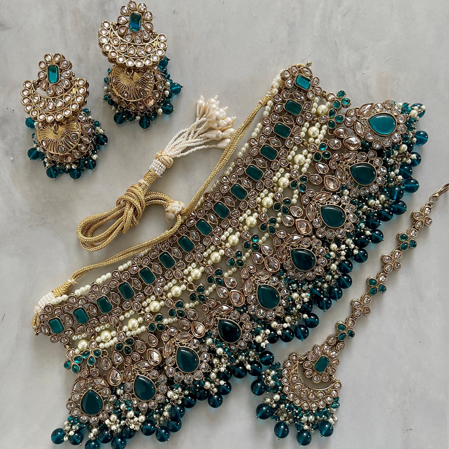 Isabella Polki Bridal Necklace Set with jhumkas in Blue