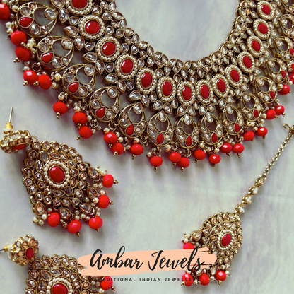 Khloe Red Polki Bridal Necklace Set