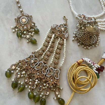 Bombshell Polki Necklace Set with Jhumar/Passa - Sage