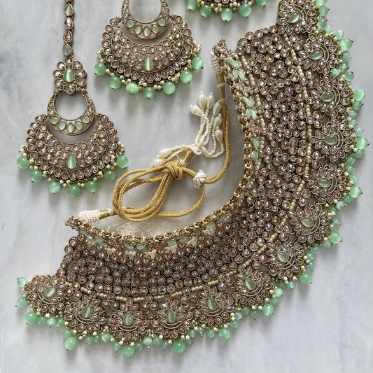 Vienna Bridal Polki Necklace Set in Mint