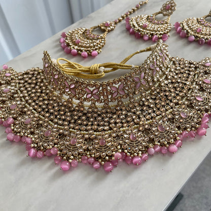 Vienna Bridal Polki Necklace Set in Pink