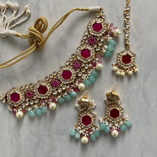 Kyra Pachi Kundan Choker Set in Teal and Ruby