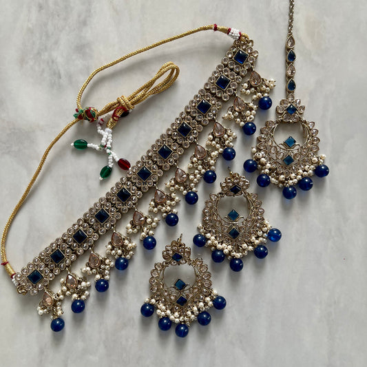 Meera Polki Choker Necklace Set in Navy Blue