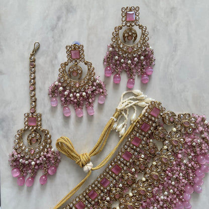 Paris Bridal Choker Polki Necklace Set in Pink