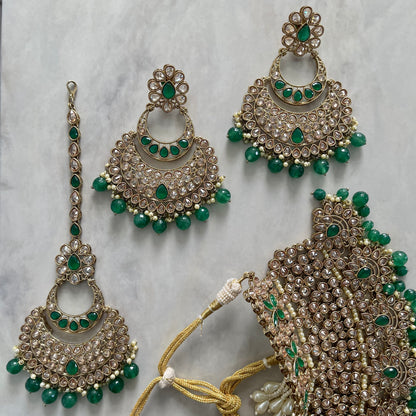 Vienna Bridal Polki Necklace Set in Green