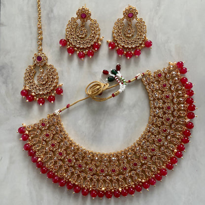 Marigold Polki Necklace set in red & gold