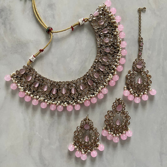 Priya Polki Necklace Set in Pink