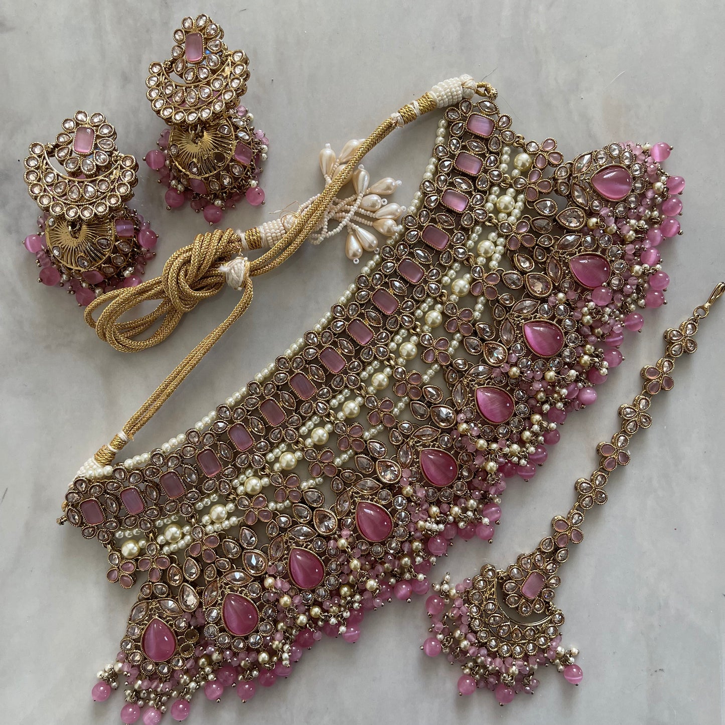 Isabella Polki Bridal Necklace Set with jhumkas in Pink