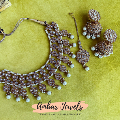 Red Velvet Polki Necklace Set with Jhumkas