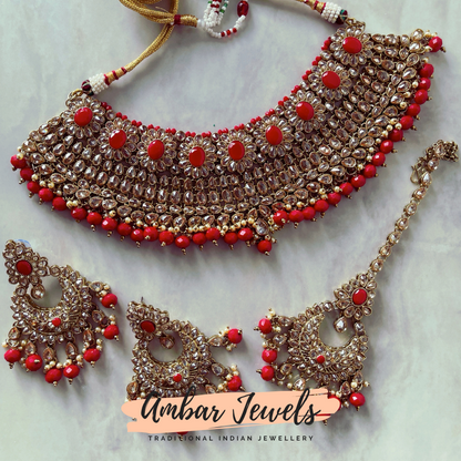 Kim K Red Sweetheart Neckline Bridal Necklace Set