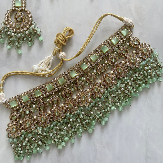 Paris Bridal Choker Polki Necklace Set in Mint