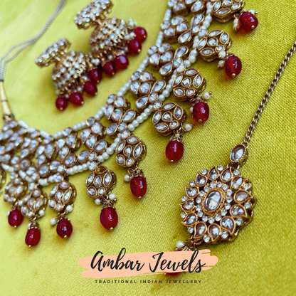 Red Velvet Polki Necklace Set with Jhumkas