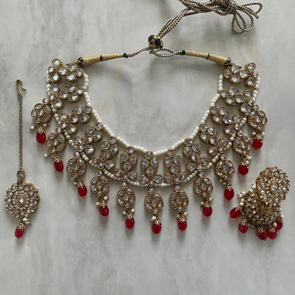 Red Velvet Polki Necklace Set with Jhumkas