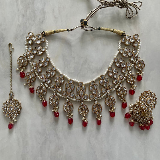 Red Velvet Polki Necklace Set with Jhumkas