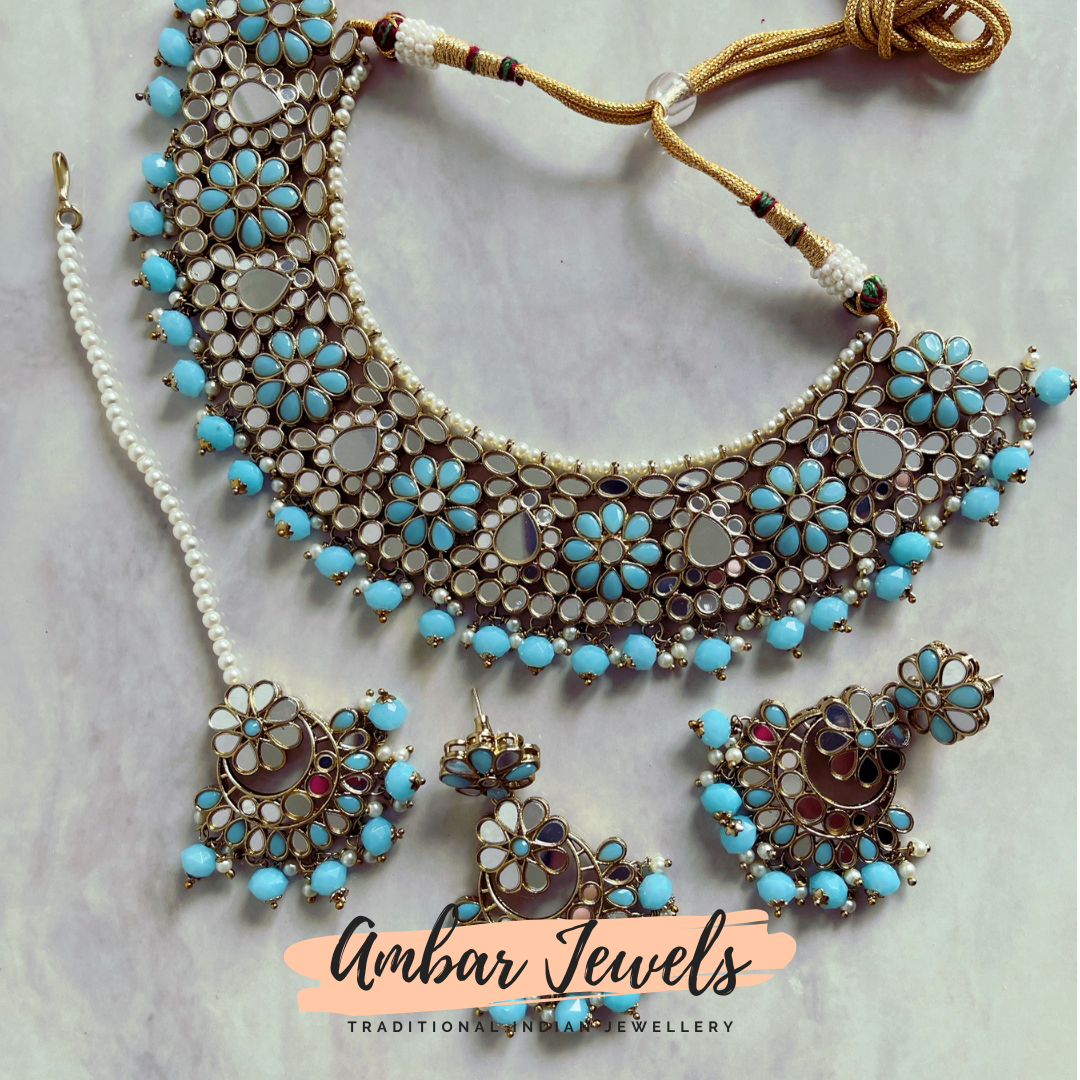 Selena Mirror Necklace Set in Blue