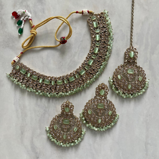 Leela Polki Necklace Set in Mint